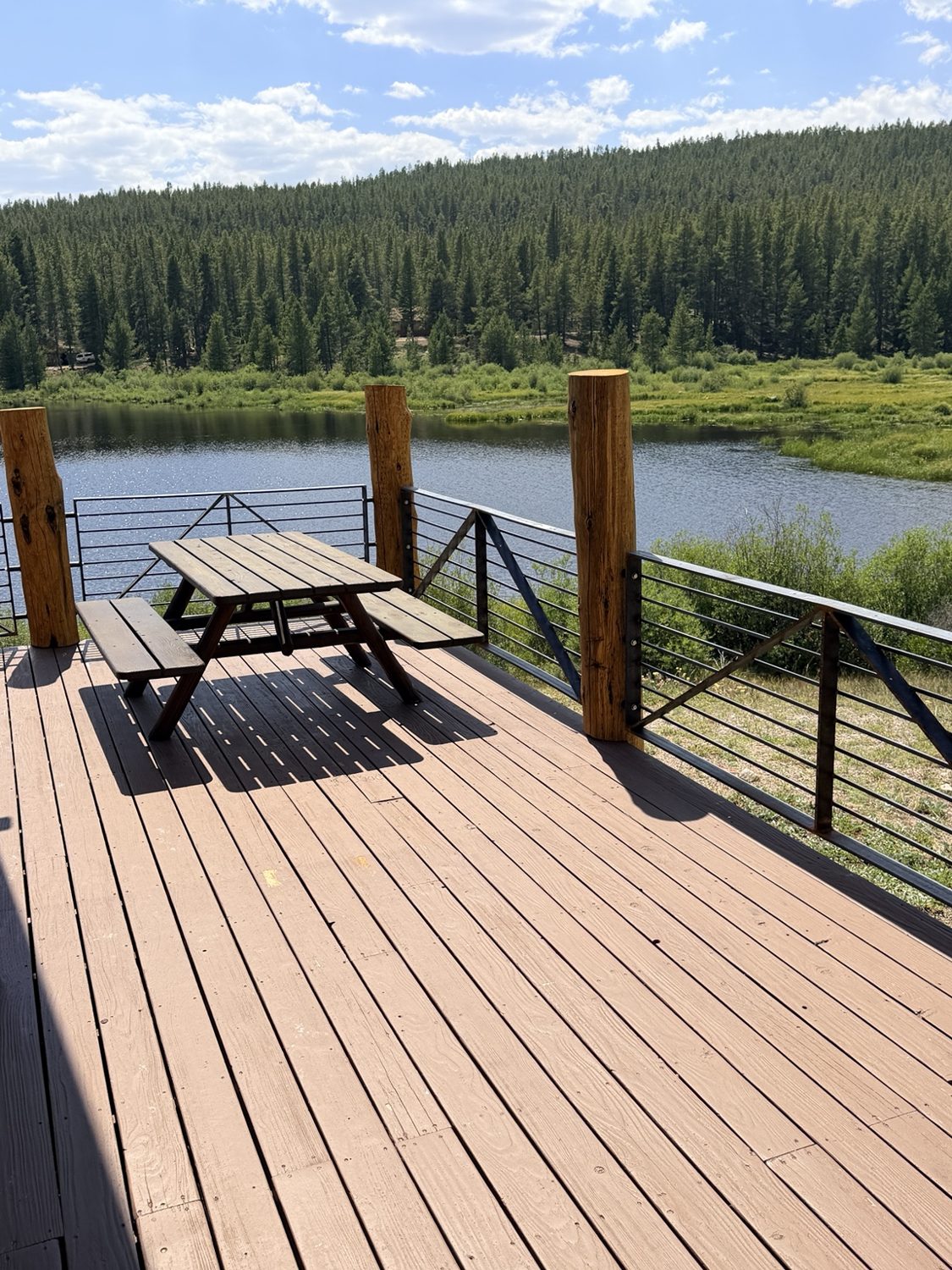 Lakeside deck railing with mountain view by AR Custom Metal Works